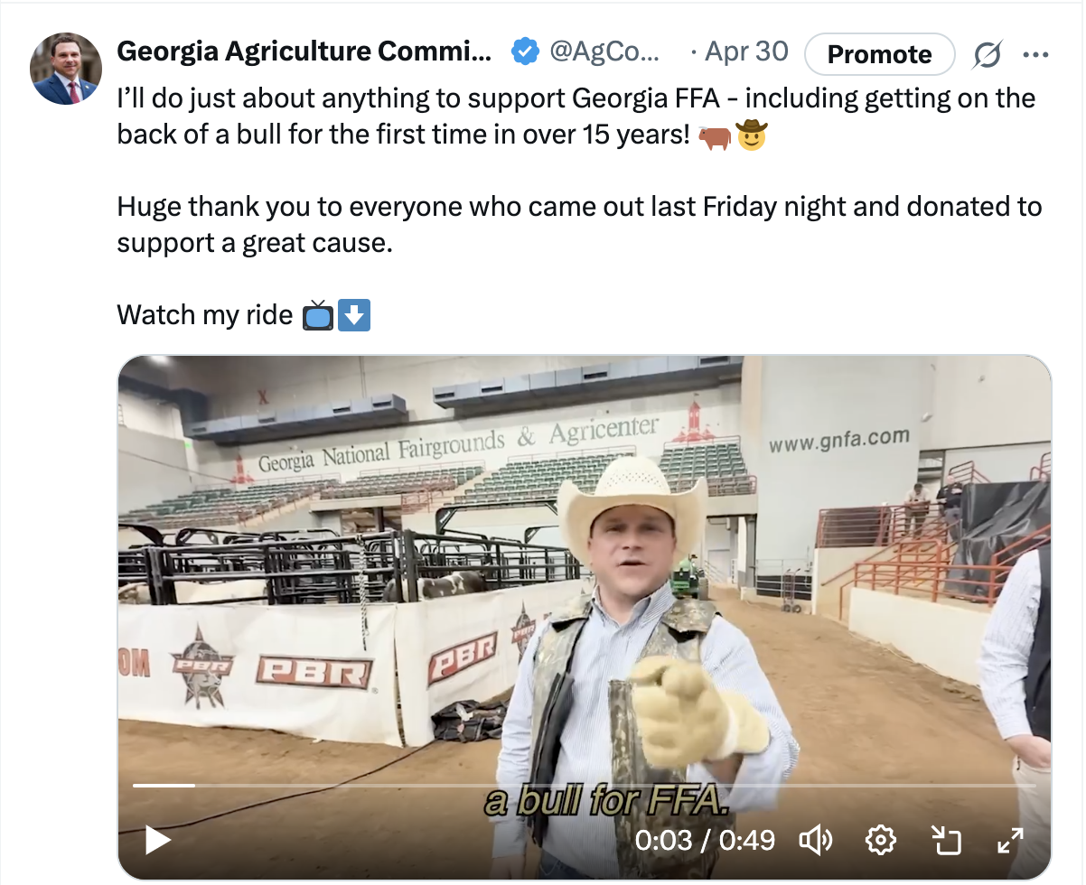 Georgia Agriculture Commissioner Tyler J Harper Rides Live Bull to Raise Money for Georgia FFA Georgia Agriculture Commissioner Tyler J Harper Rides Live Bull to Raise Money for Georgia FFA