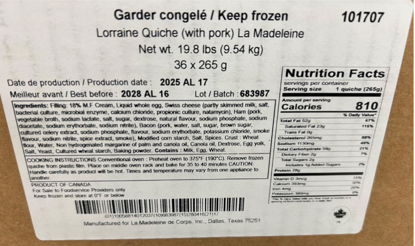 Maitre Saladier quiche products containing pork have been recalled because they were not presented for import reinspection when entering into the US. Maitre Saladier quiche products containing pork have been recalled because they were not presented for import reinspection when entering into the US.