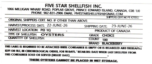 Certain Five Star Shellfish Inc. brand oysters recalled due to Salmonella