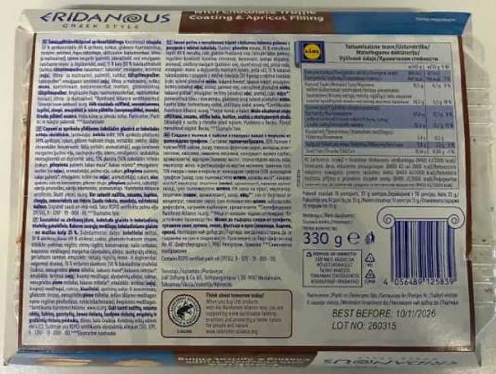 LIDL US Recalls Eridanous Shortbread Cookies with Chocolate Truffle Coating & Apricot Filling due to Undeclared Wheat, Soy, Milk, and Eggs