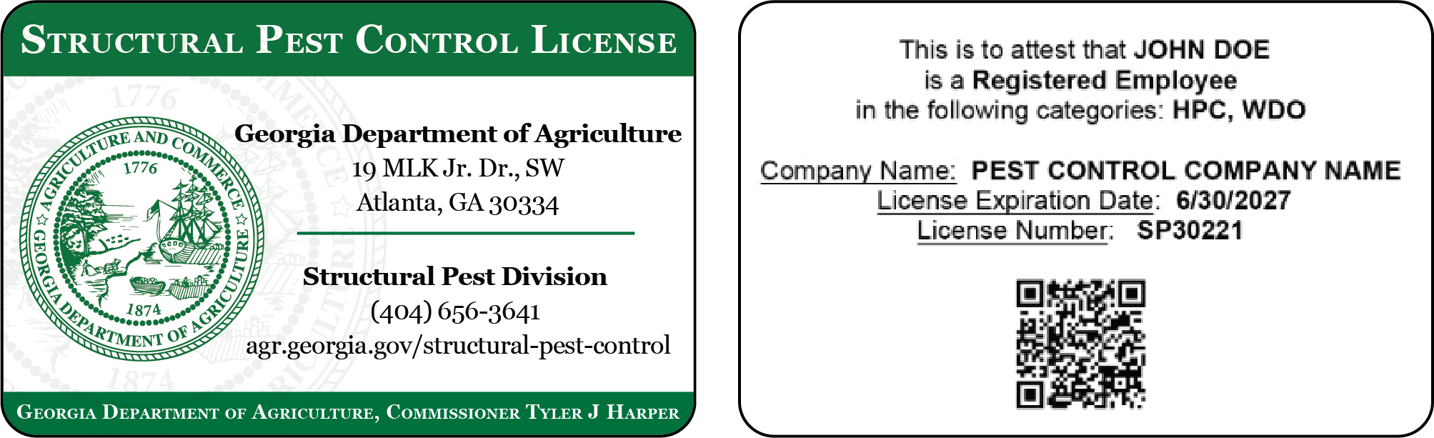 An example of a Registered Employee Pest Control license
