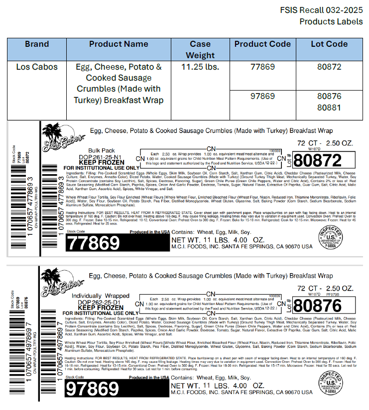 M.C.I. Foods, Inc. Recalls Ready-To-Eat Breakfast Burrito and Wrap Products Due to Possible Listeria Contamination M.C.I. Foods, Inc. Recalls Ready-To-Eat Breakfast Burrito and Wrap Products Due to Possible Listeria Contamination