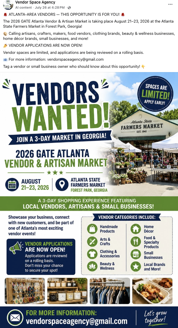 CONSUMER ALERT: Georgia Department of Agriculture Warns Georgians of Online Scam Advertising Fraudulent Event at Atlanta State Farmers’ Market
